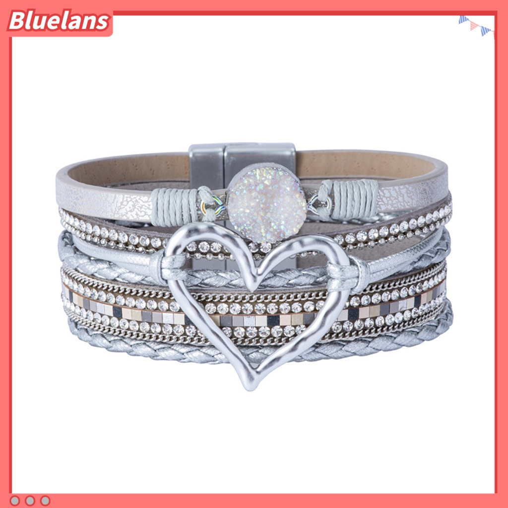 [BLS] Wanita Gelang Kulit Imitasi Cinta Hati Pesona Multi-layer Bohemia Resin Batu Hadiah Dikepang Punk Gadis Manset Bangle Fashion Perhiasan