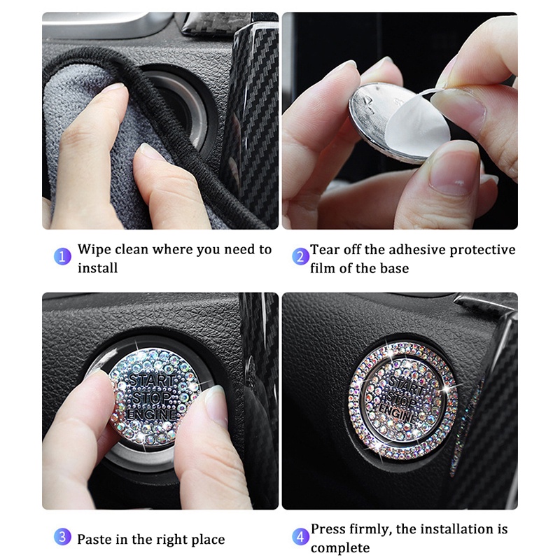 2in1 Car Start Switch Button Decor/ Diamond Self-adhesive Stickers Ring Circle/Trims Cover Pelindung Tombol Stiker Auto Interior Aksesoris