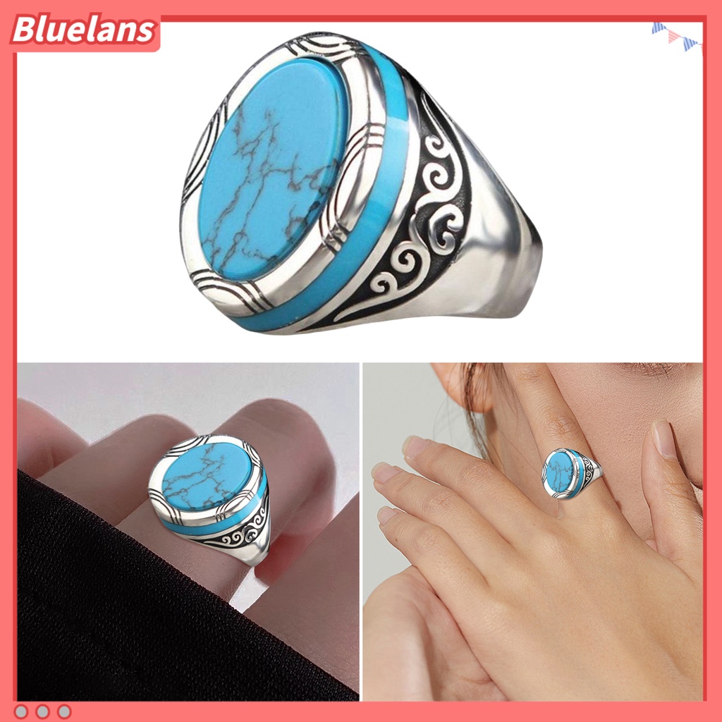 [BLS] Electroplating Polishing Lebar Pria Cincin Punk Retro Ukir Pola Faux Turquoise Ring Perhiasan Aksesoris