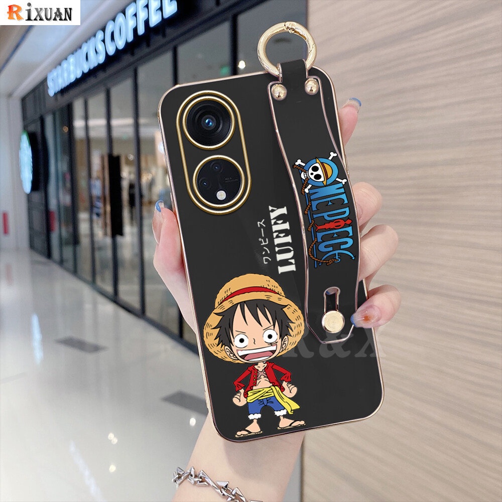 Oppo A17 A17K A57 4G A77S A16K A16e A16 A95 A74 A15 A15S A54 A5S A12 A5S A7 A3S A52 A92 A1K Kartun Anime Luffy Mewah Lapis Chrome Soft TPU Square Phone Case Dengan Gelang Tangan RIXUA