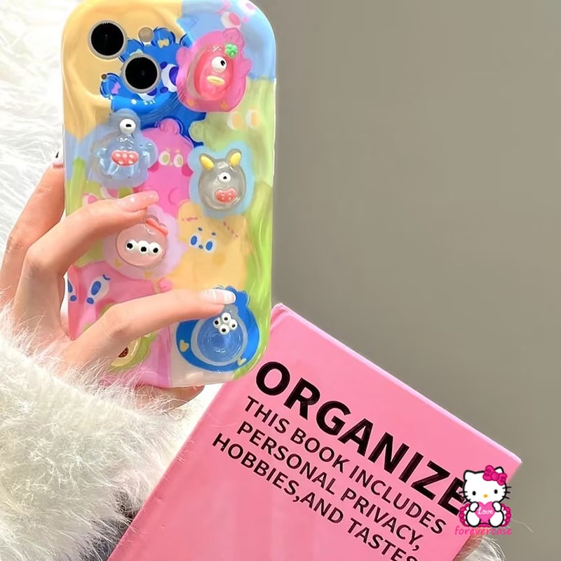 IPHONE Casing 3D Wavy Curved Edge Soft Glossy Kompatibel Untuk Iphone11 14 12 13 Pro Max 7 8 6 6s Plus XR XS X Max SE 2020 Kartun DIY Boneka Lucu Beruang Monster Star Rabbit Rainbow Phone Cover