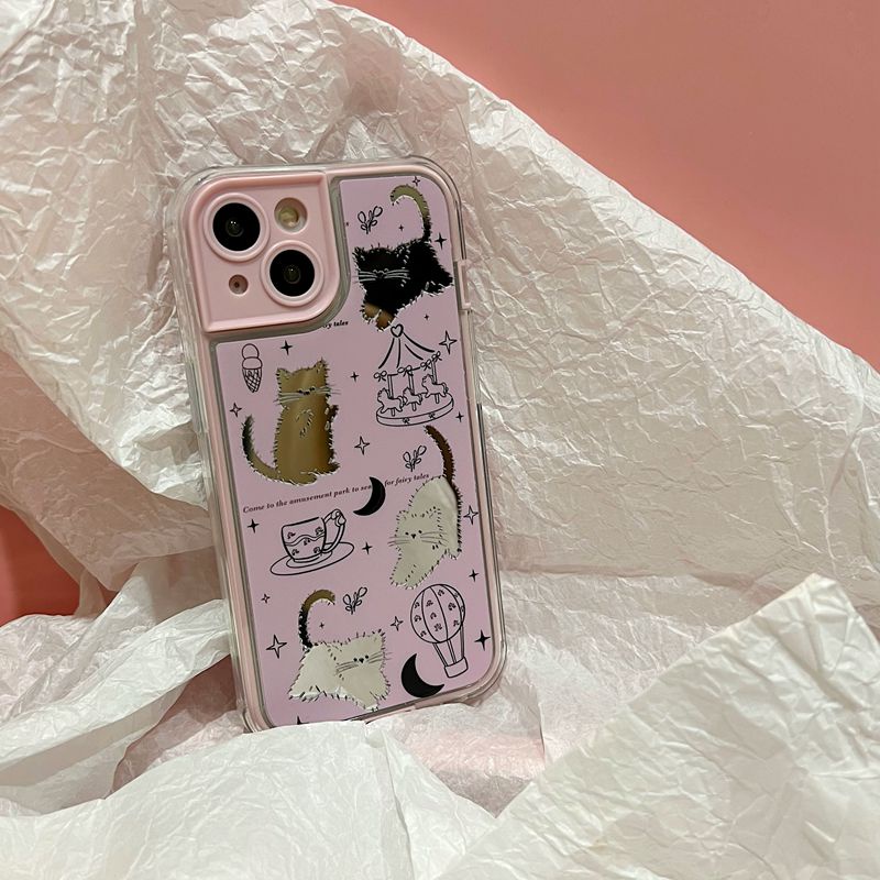 IPHONE Case TPU Lembut Mirror Pink Line Kitty iP Iphone14+Plus 11 12 13 Pro Max 2in1 FTD Cewek Wanita Casing Apple