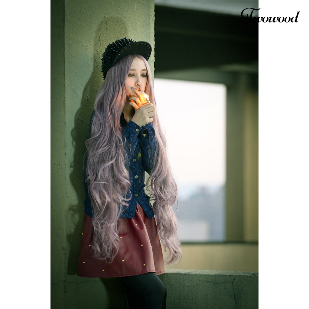 Twowood 100cm Wanita Panjang Keriting Bergelombang Pusat Rambut Parting Fashion Kostum Pesta Cosplay