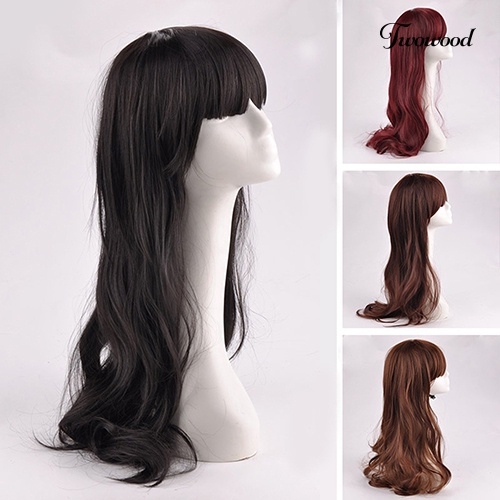 Twowood Fashion Wanita Rapi Bang Panjang Keriting Bergelombang Penuh Rambut Pesta Wig Cosplay