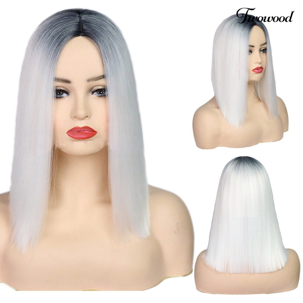 Twowood Fashion Wanita Hitam Putih Gradien Rambut Lurus Tahan Panas Wig Sintetis