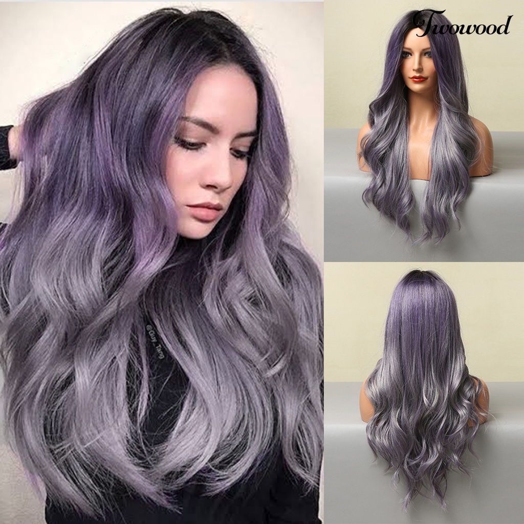 Twowood Wig Gelombang Panjang Efek Gradien Dengan Lengan Mesh Wig Cosplay Panjang Ombre Campuran Ungu Ultra Tipis Untuk Perempuan