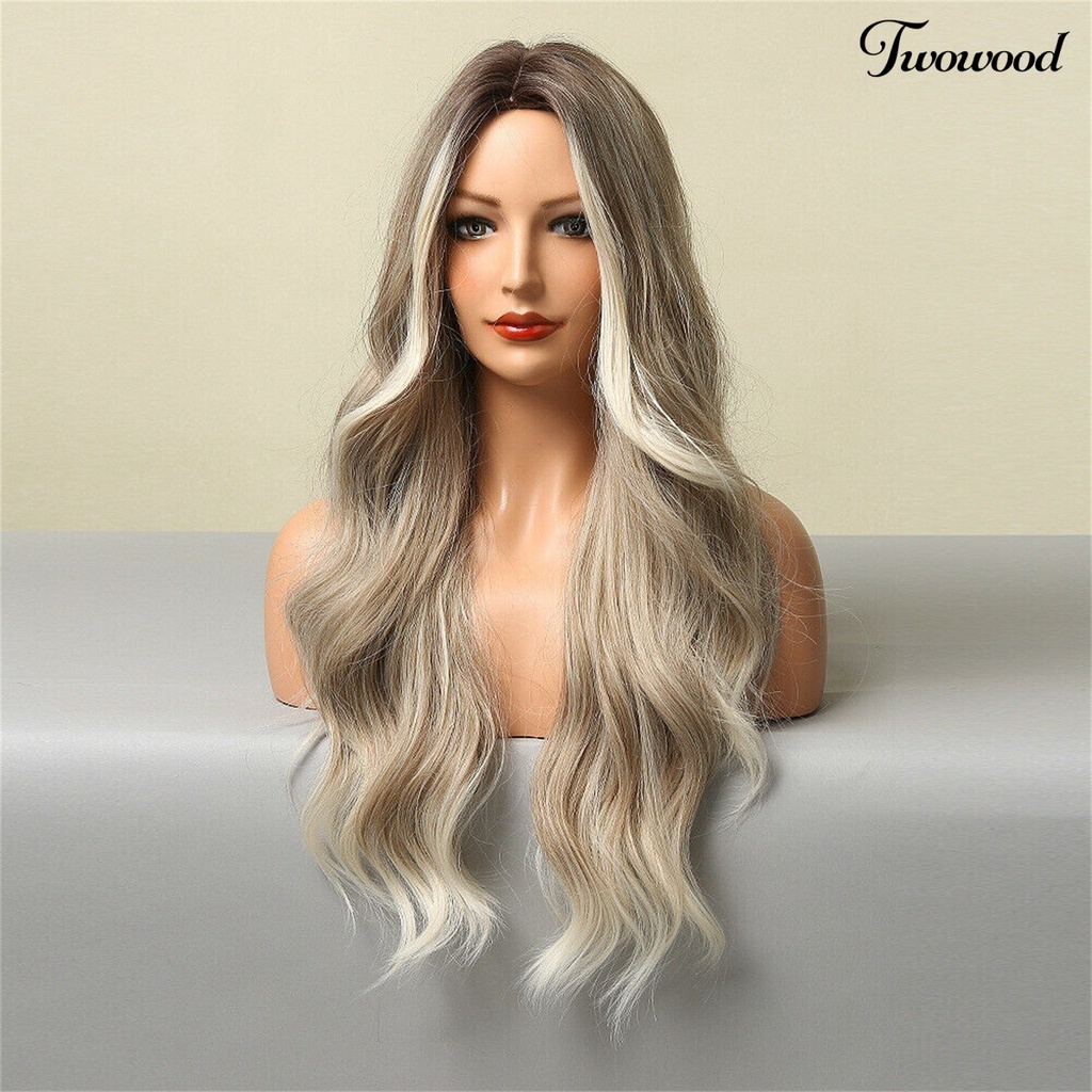 Twowood Wig Keriting Panjang Universal Halus Ringan Medium Split Long Smoky Grey Gradient Blonde Wig Untuk Rumah