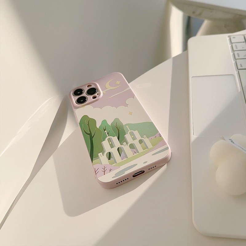 Cream Church Scenery Soft Silicon Case iP iPhone 14 + Plus 11 12 13 Pro Max FTD Girl Woman Casing Apple