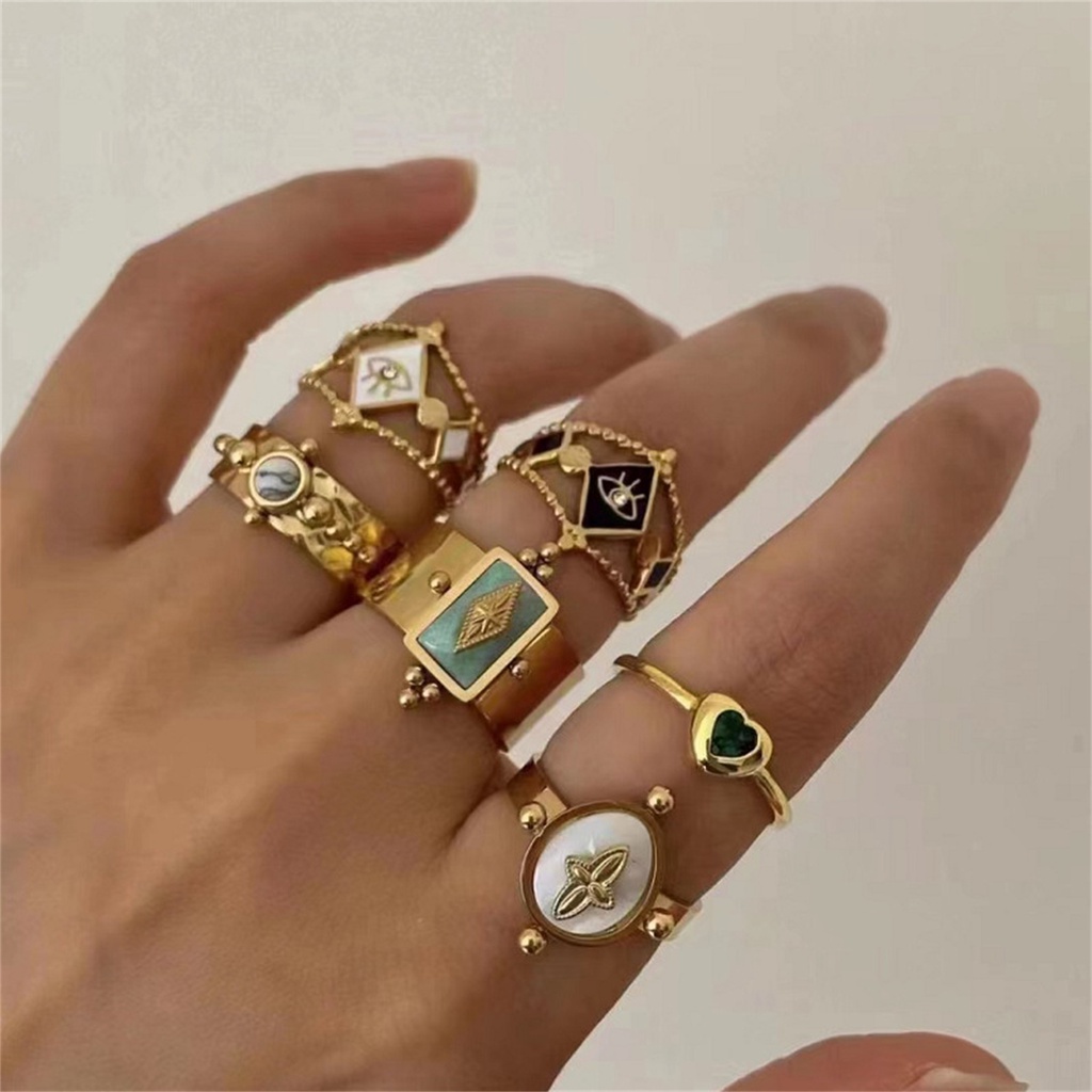 1 Pc Kreatif Retro Batu Alam Cincin Baja Titanium Fashion Emas Bertepi Lebar Terbuka Rings Perhiasan Untuk Pria Wanita