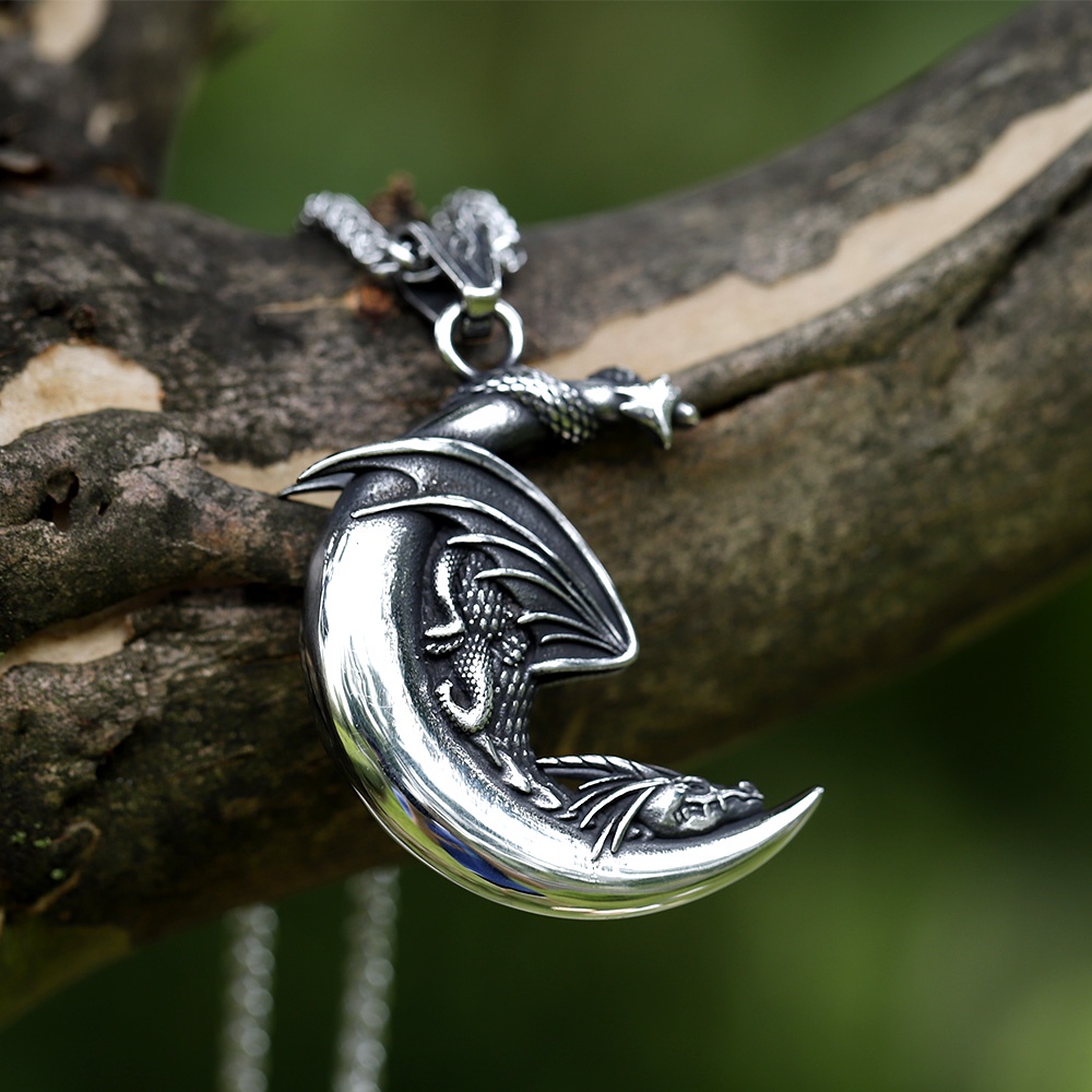 Pria Baru Viking Tidur Naga Di Bulan Liontin Kalung Fashion Perhiasan Hewan