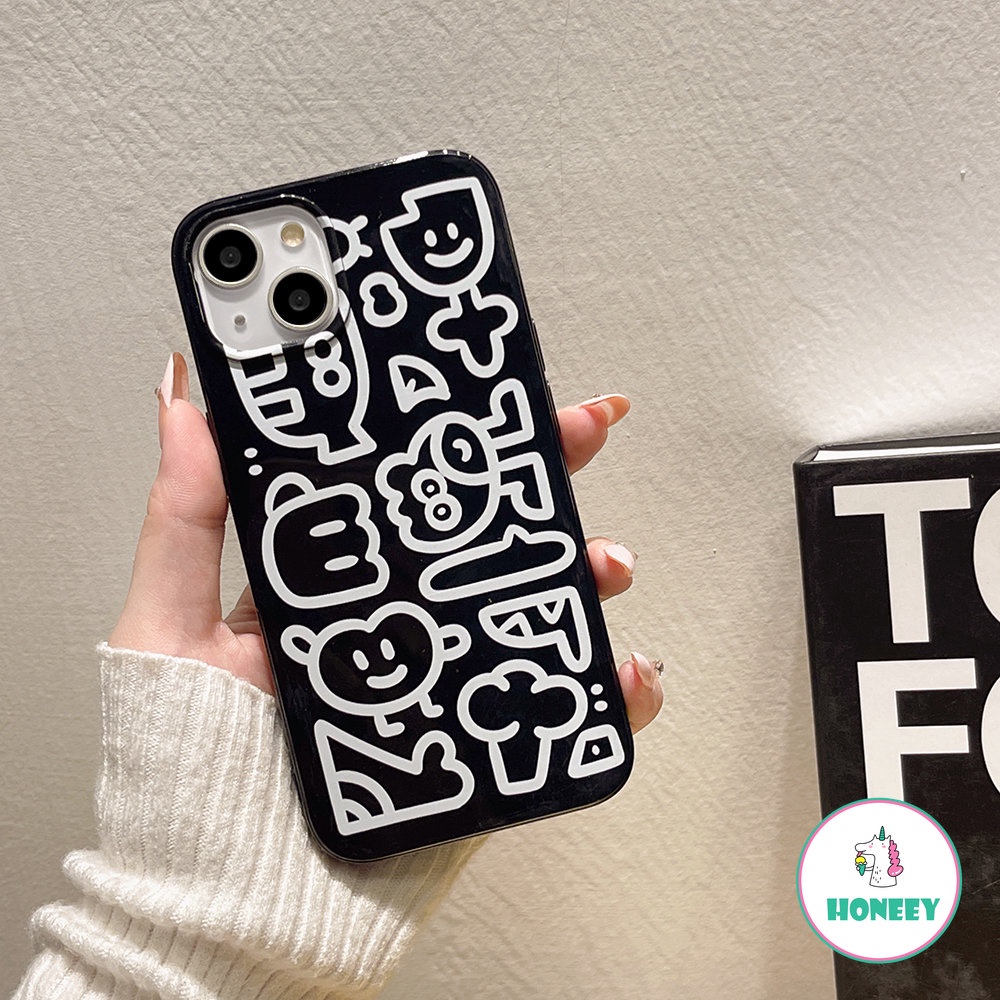 IPHONE Casing Ponsel Cinta Bunga Graffiti Lucu Kompatibel Untuk Iphone14 13 Pro Max12/12 Pro 11 Pro Max XR XS 7 8plus Hitam Lembut TPU Sarung Handphone