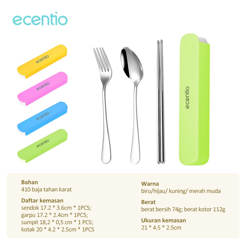 Ecentio Stainless Steel Set 3Pcs Alat Makan Sendok Garpu Sumpit / Spoon Fork Chopsticks