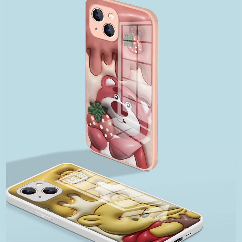 IPHONE Casing Keras Kaca Beruang Strawberry Kartun Datar 3D Cocok Untuk Iphone14 13 12 11 Pro Max Cat Metalik Anime Winnie Bear Print Pelindung Case