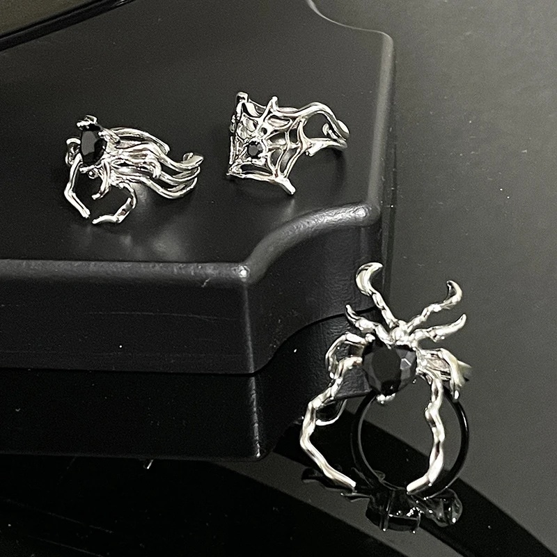 Gothic Irregular Spider Web Zirkon Jari Cincin/ Wanita Hitam Kristal Punk Gelap Hewan Terbuka Rings/ Hadiah Perhiasan Pesta Yang Dapat Disesuaikan