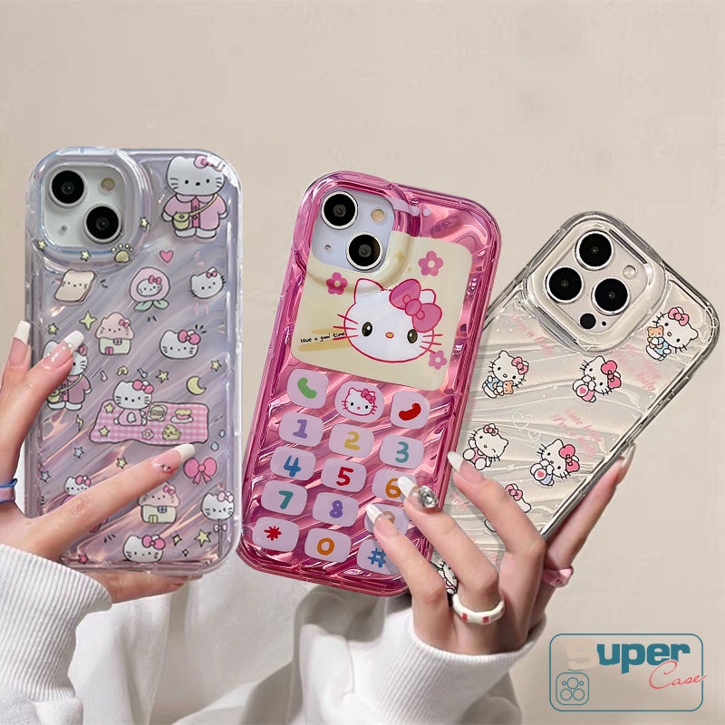 Casing Kartun Lucu Hello Kitty 3D Stereo Kerut Kompatibel Untuk IPhone 7Plus 11 13 14 12 Pro MAX XR 8 6 6S Plus X XS MAX SE 2020kartu Warna Kreatif Vintage Numerik Keypad Cover