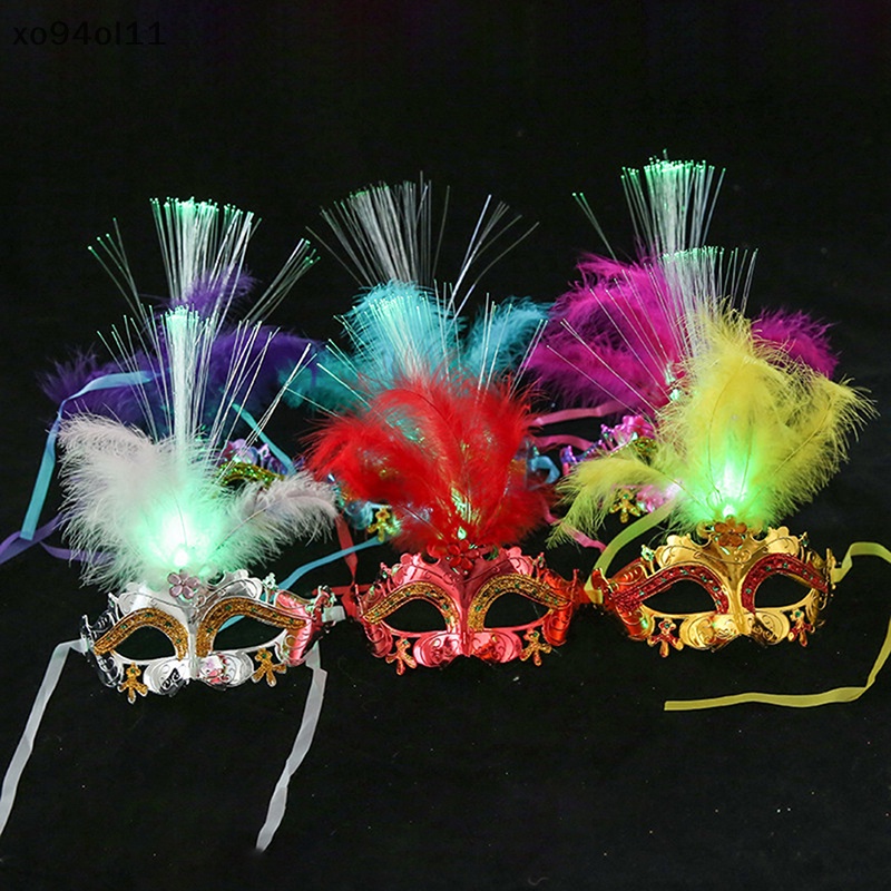 Xo Halloween Topeng Bulu LED fiber Optik prom Pesta princess feather OL