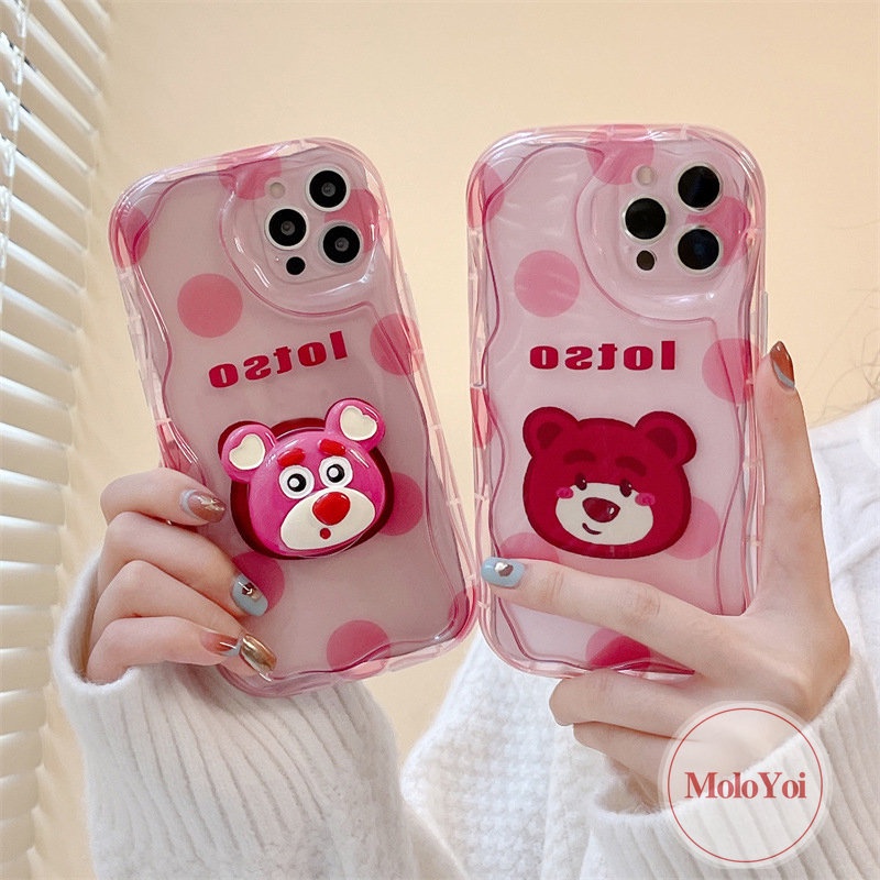 IPHONE Case Ponsel Beruang Strawberry Kartun Kompatibel Untuk Iphone7 6 8 6s Plus 11 13 12 14 Pro Max XR X XS Max 7Plus SE 2020 3D Wavy Curved Edge Holder Cover Dengan Penutup Bracket Manyo Lucu