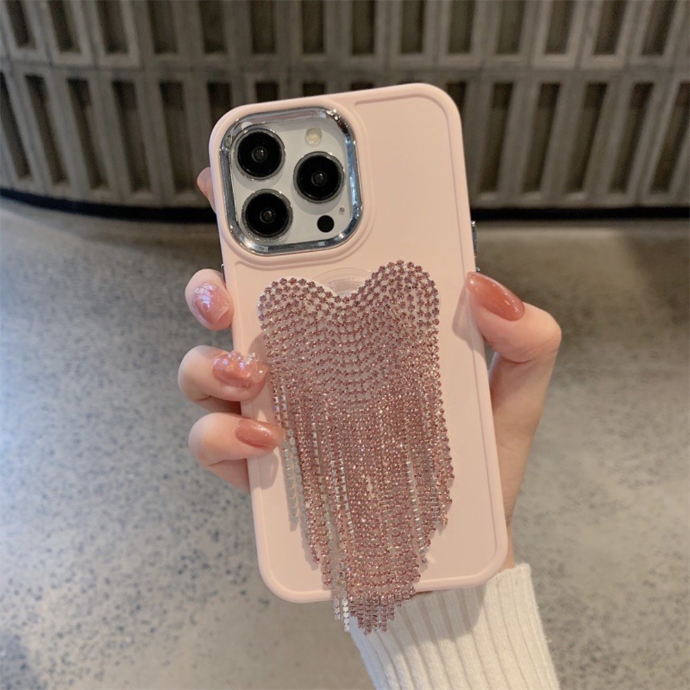 Casing Ponsel Bingkai Lensa Electroplating Untuk iPhone 14 Pro Max 13 Pro 12 11Pro X XR Xs Max 7 /8Plus Dengan Holder Rumbai Hati Case Silikon Penutup Belakang