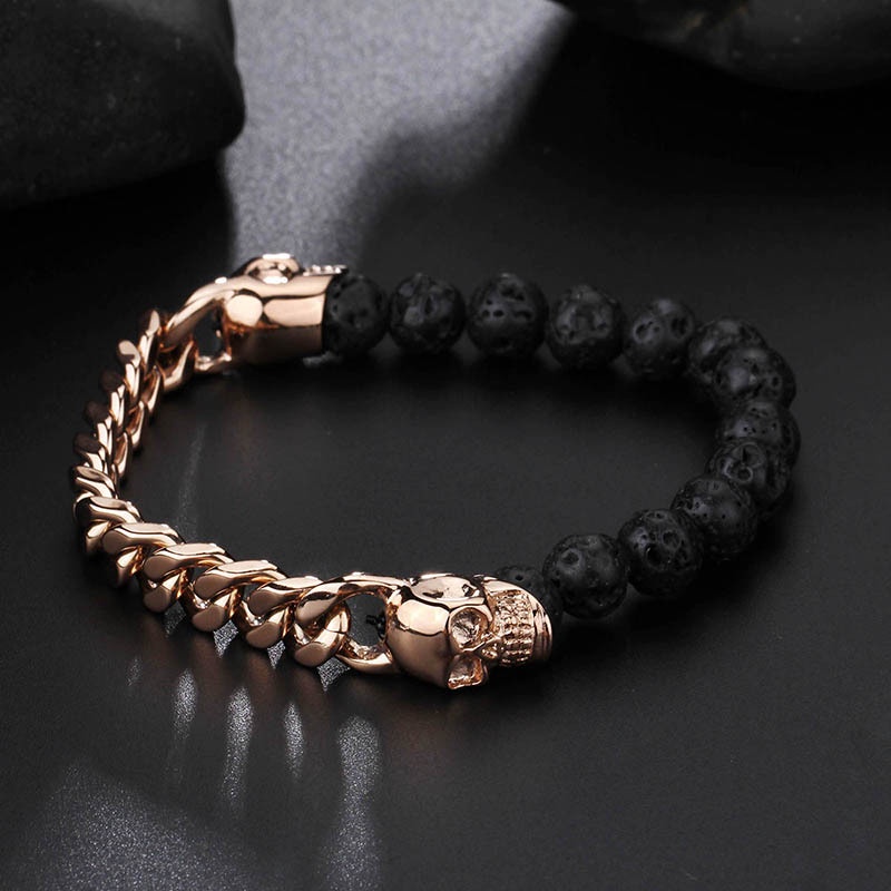 Hip Hop Vintage Fashion Pria Fashion Stainless Steel Manik-Manik Batu Vulkano Alami Gelang Perhiasan Aksesoris