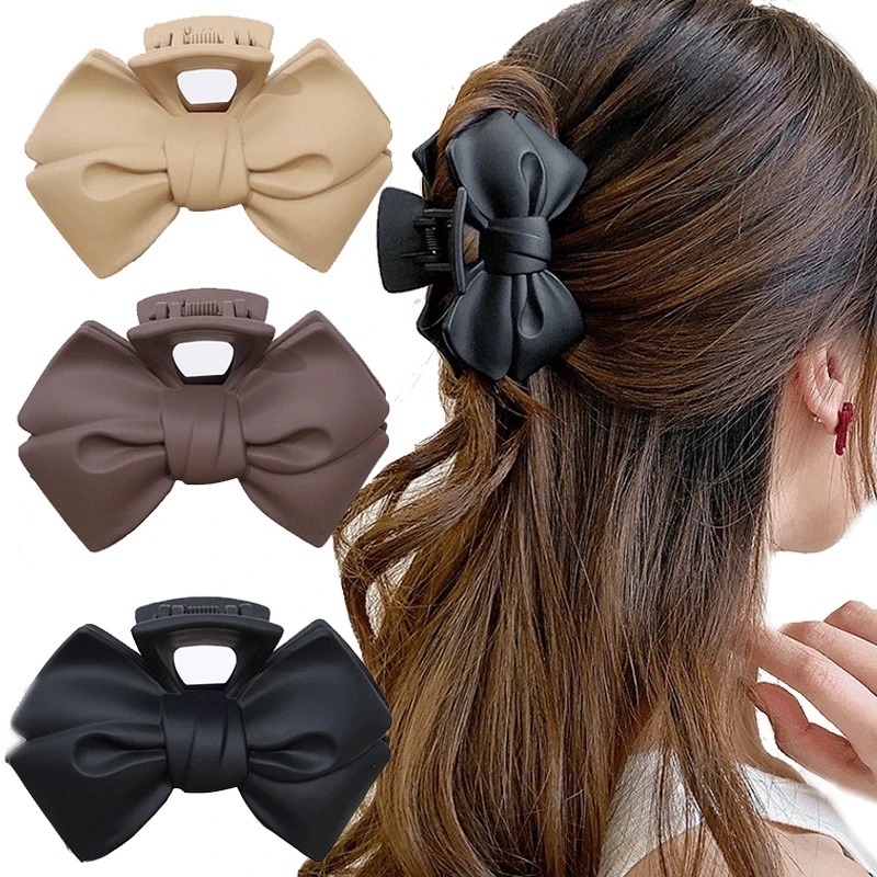 Fashion Wanita Baru Warna Solid Busur Besar Desain Rambut Cakar Klip Gadis Temperamen Elegan Hiu Akrilik Ambil Klip Jepit Rambut Aksesoris Rambut