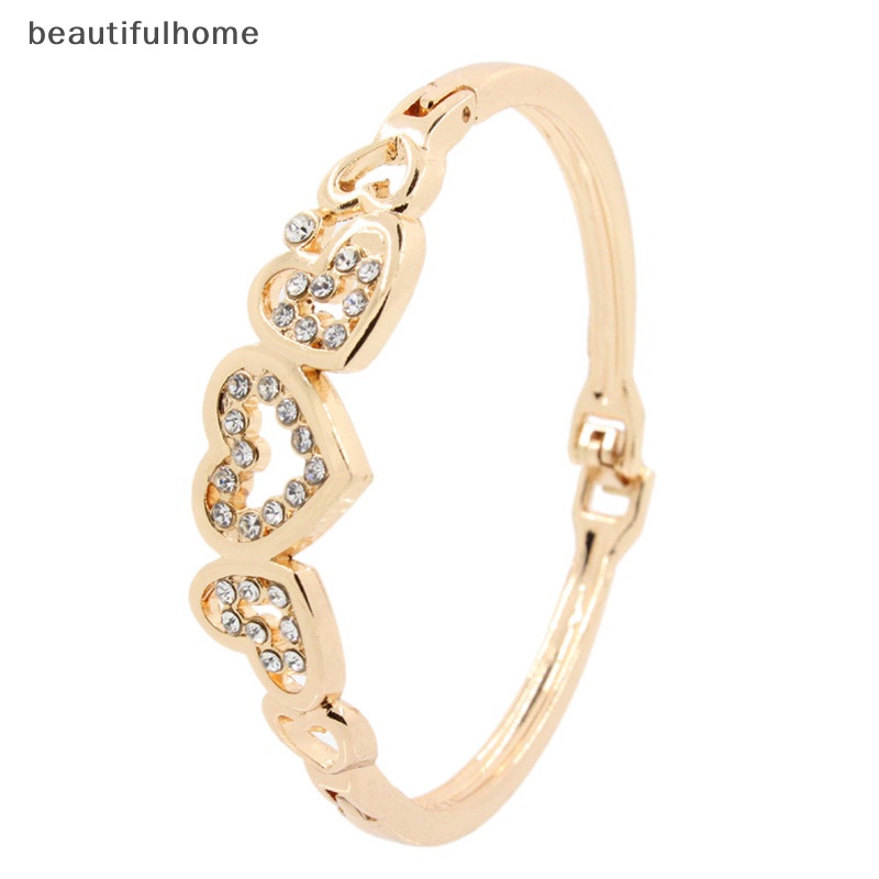 {beautifulhome} Hot Fashion Wanita Lady Berlapis Emas Kristal Manset Bangle Cinta Hati Pesona Gelang.