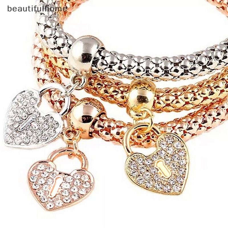 {beautifulhome} 3pcs Wanita Fashion Ctue Pesona Kristal Berlian Imitasi Hati Gelang Elastis Bangles.