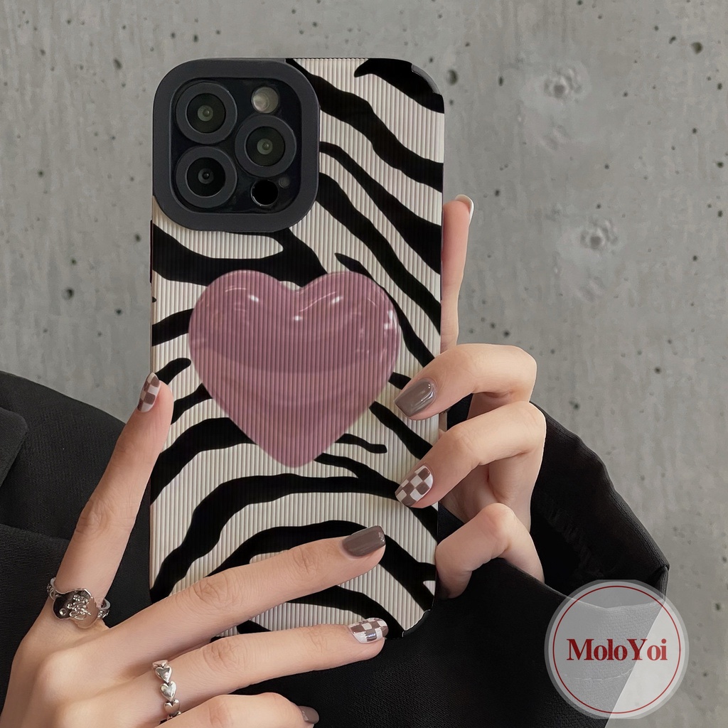 Art Garis Tidak Teratur Motif Zebra Cinta Hati Ponsel Shockproof Case Kompatibel Untuk IPhone XR X XS Max7Plus11 13 12 14 Pro Max8 7 Plus Cover Tekstur Kulit Mewah