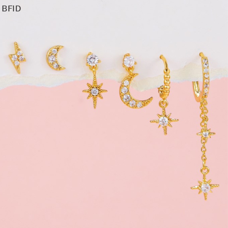 [BFID] 6pcs Set Anting Tusuk Bentuk Bulan Bintang Kristal Zircon Campuran Untuk Wanita Perhiasan Warna Emas [ID]