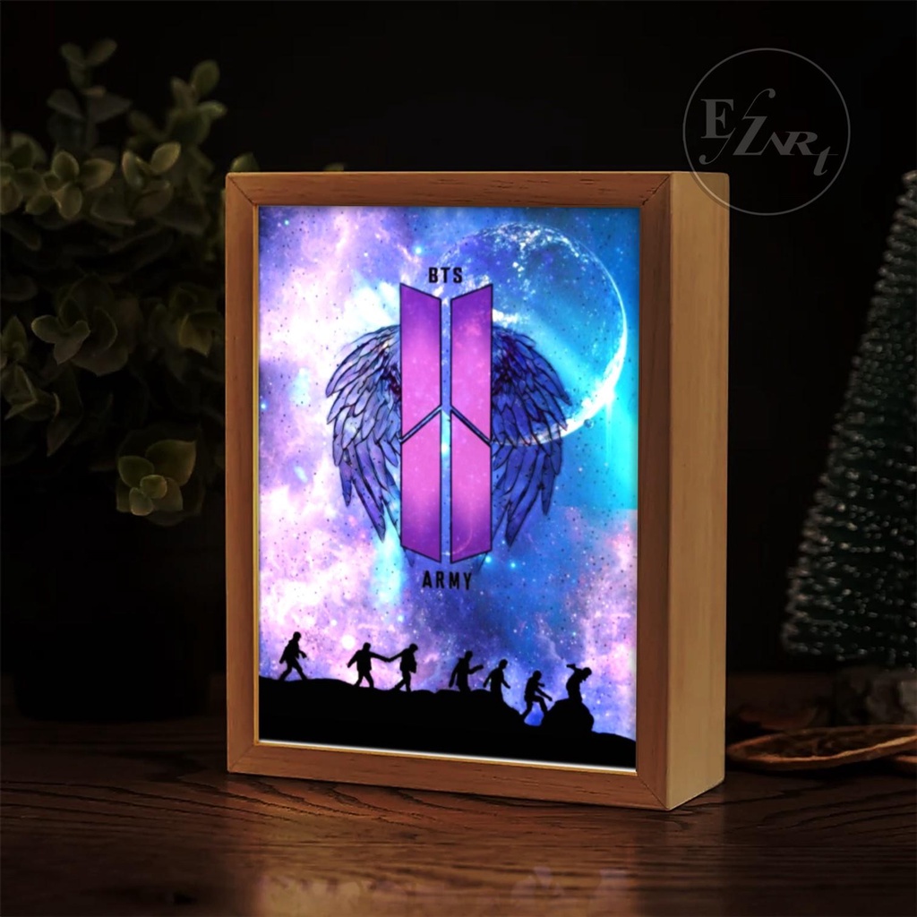 Edisi BTS Army - Light Painting Art Frame Bingkai Lukisan Menyala Lampu LED Material Kayu Asli Untuk Dekorasi Meja Kamar Aesthetic Cocok Jadi Kado Hadiah