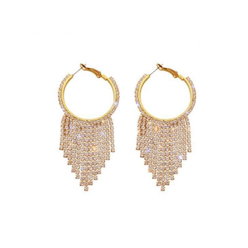 [FRA] Kepribadian fashion Yang Berlebihan Selebriti Internet Penuh Berlian all-match Rumbai Panjang Cakar Rantai Lingkaran Anting Anting earrings Wanita