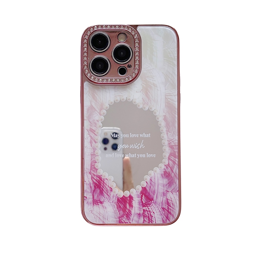 IPHONE Gadis Berlian Berkilau Perhiasan Make Up Cermin Ponsel Case Untuk Iphone13 14 Pro Max14 Plus Mewah Plating Dream Shell Bumper Cove