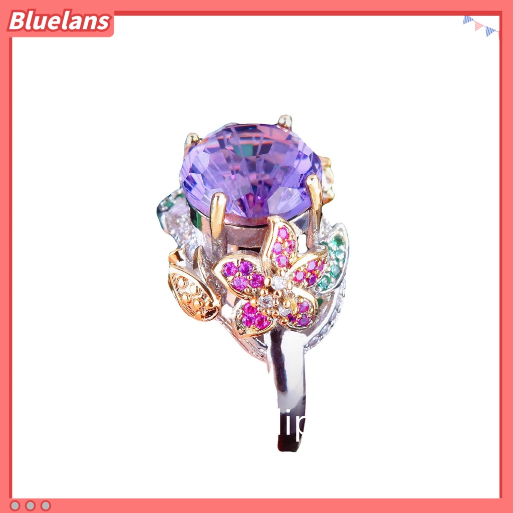 [BLS] Cincin Berlian Ungu Potongan Kerja Hias Tangan Dua Warna Emas Dengan Bunga Warna-Warni Dan Membuka Cincin Harta Karun Berwarna