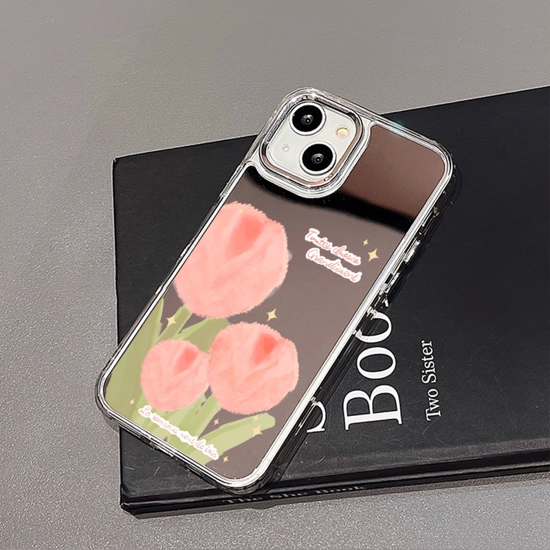 IPHONE Casing Ponsel Cermin Bunga Graffiti Pink Kompatibel Untuk Iphone11 12 13 14 12Pro 13Pro 14Pro Pro Max XR X XS Max Electroplating Tombol Perlindungan Mirror Cover