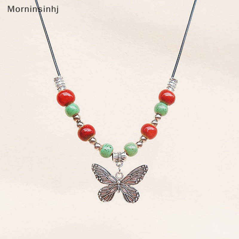 Mornin Bohemian Vintage Butterfly Kalung Manik-Manik Keramik Liontin Dapat Disesuaikan Barang Curah id