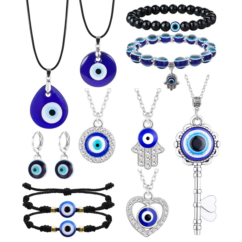 11pcs Evil Eye Kalung Liontin Untuk Wanita Pria Tali Kulit Anting Perlindungan Gelang Set Perhiasan