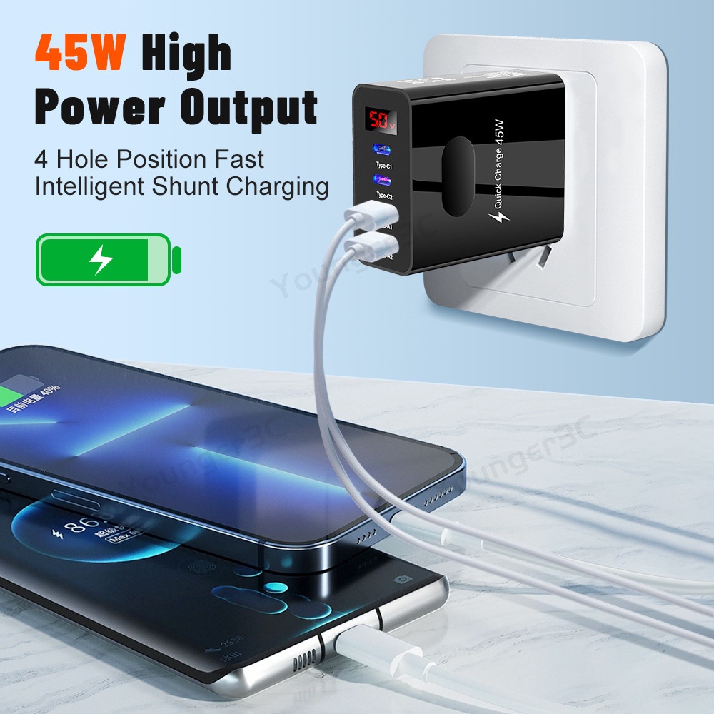 45w Charger Tampilan Digital Cerdas 3.1A 2USB+2PD Pengisian Cepat Travel Charging Adoptor Multi Antarmuka USB Charging Adapter