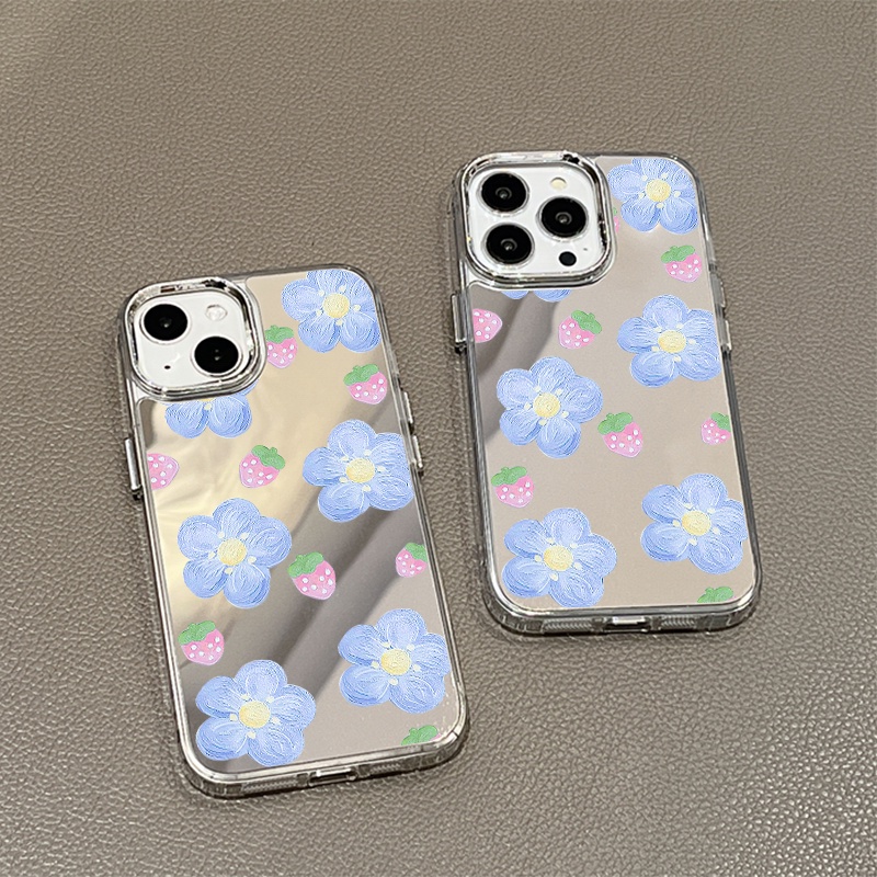 IPHONE Lukisan Strawberry Biru Bunga Cermin Ponsel Case Kompatibel Untuk Iphone11 12 13 14 12Pro 13Pro 14Pro Pro Max XR X XS Max Electroplating Tombol Perlindungan Mirror Cover