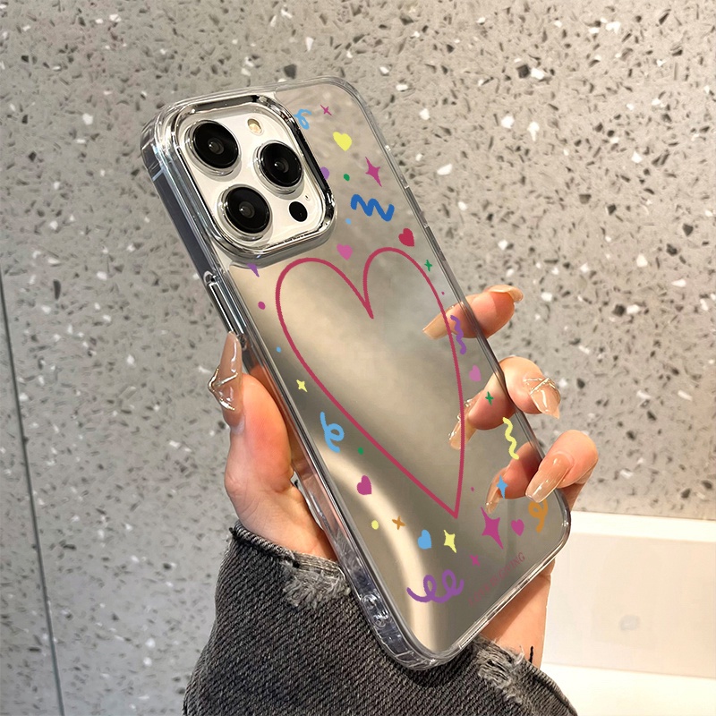 IPHONE Case Ponsel Cermin Hati Garis Sederhana Kompatibel Untuk Iphone11 12 13 14 12Pro 13Pro 14Pro Pro Max XR X XS Max Electroplating Tombol Perlindungan Mirror Cover