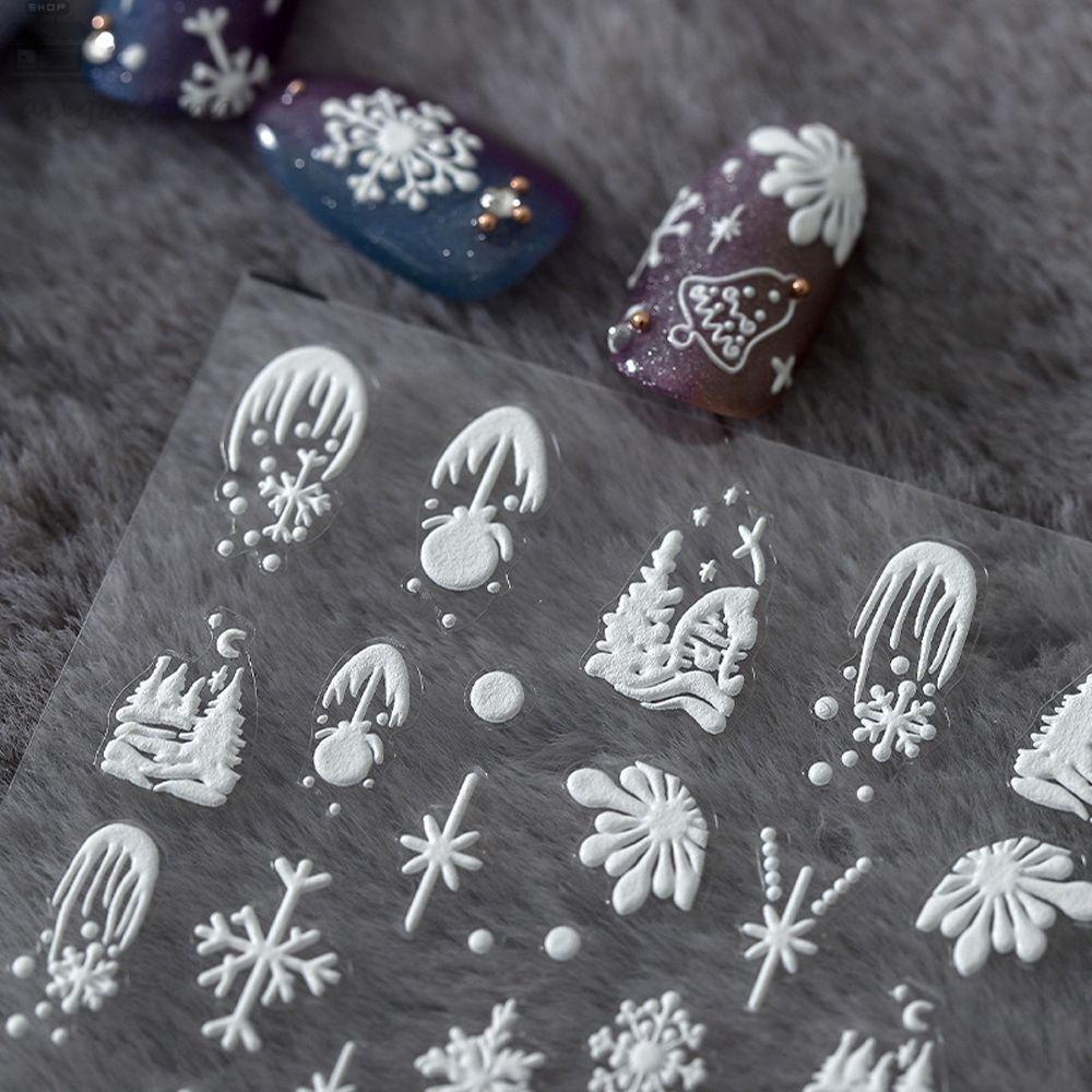 AUGUSTINA Agustina 5D Snowflakes Nail Stiker Grace Fashion Putih Musim Dingin Timbul Slider Snow Decals