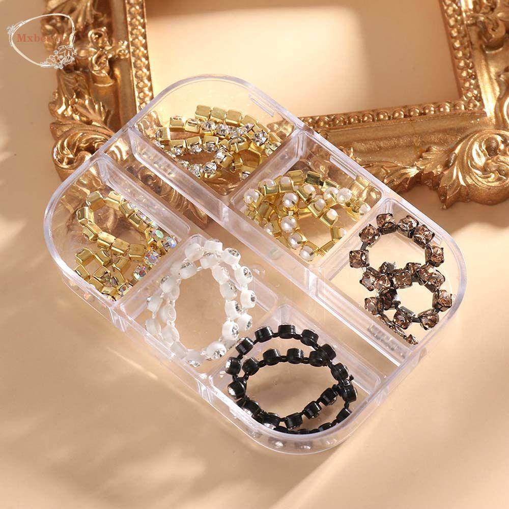 MXBEAUTY Rantai Logam Kuku Rhinestones Pesona 6kisi /set Emas Hiasan Kuku 3D Aksesoris Kuku Manicure Pearl Chain Nail Jewelry