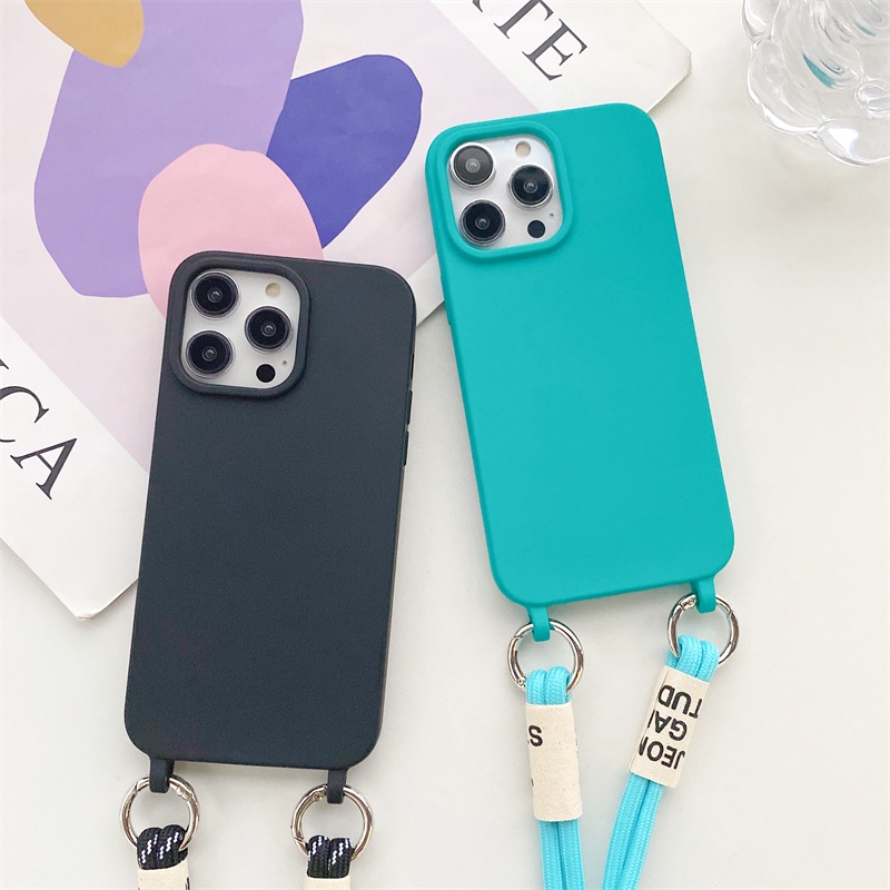 IPHONE Menebal Silikon Anti Rontok Lanyard Cover Cocok Untuk Iphone14 13 12 11 Pro X XS Max XR 78 14 Plus Matte Casing Pelindung Tali Diagonal Soft Case