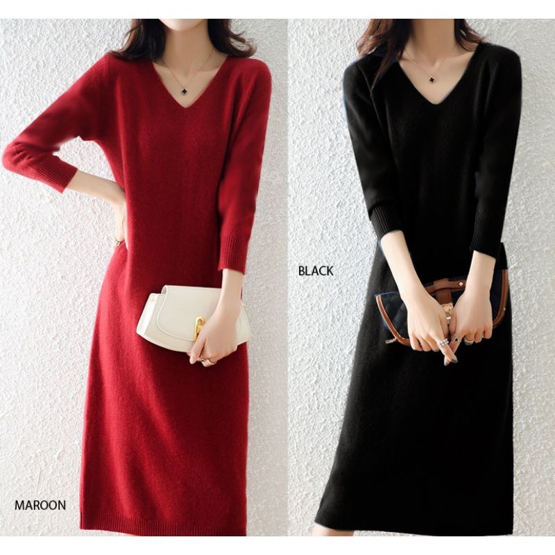 (D109) v neck knit midi dress wanita rajut / dress formal casual knit