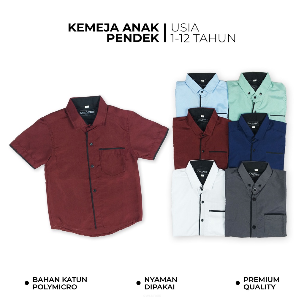Kemeja Anak Lis Lengan Pendek Laki-Laki Import 1-12 tahun Baju Bayi Cowok Bahan Katun Halus - Owl Store