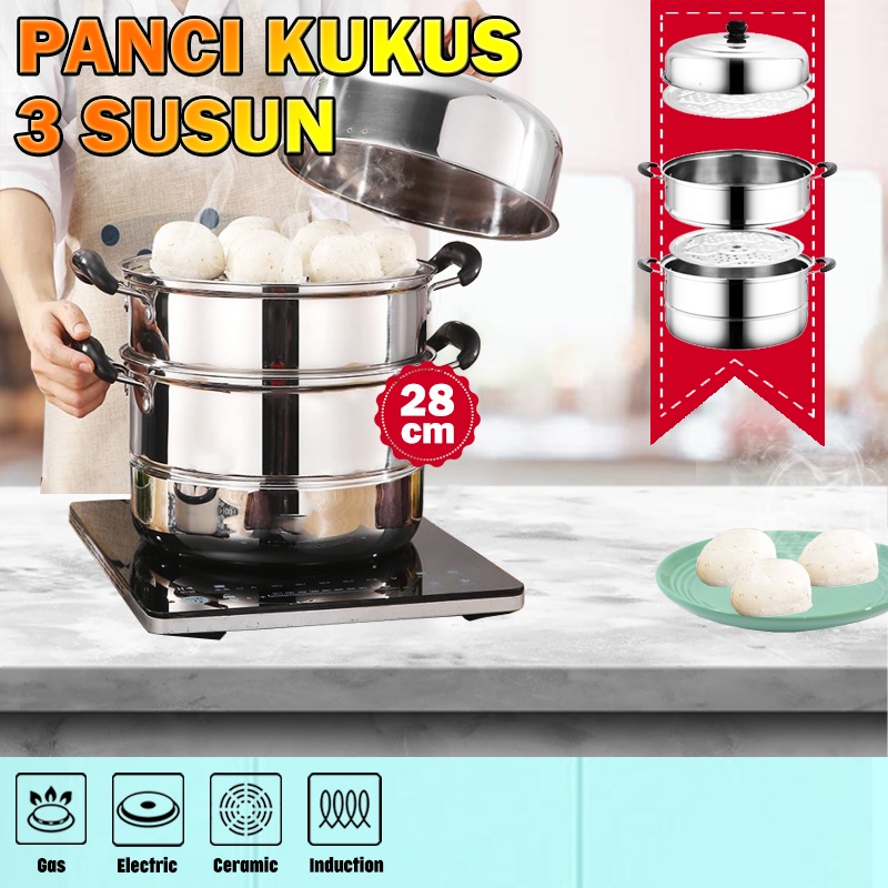 Panci Kukus 3 Susun Diameter 28cm Panci Bakpau Bahan Stainless