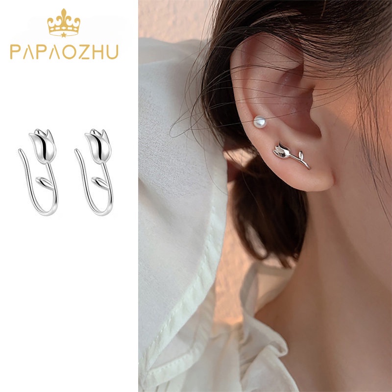 Papaozhu Trendi S925 Perak Tulip Stud Anting Untuk Wanita Perempuan Korea Bunga Telinga Tulang Klip Bunga Manset Anting Perhiasan