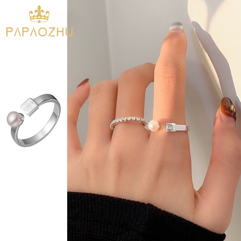 Papaozhu Chic Perak Keberuntungan Mutiara Chunky Cincin Untuk Wanita Gadis Korea Trendi Terbuka Rings Adjustable Fashion Jari Manset Perhiasan Hadiah