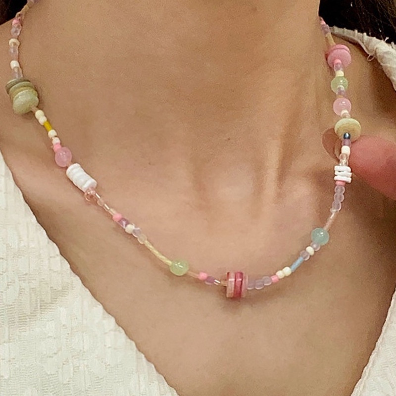 Aksesoris Kalung Pink Manik-Manik Warna-Warni Rantai Tulang Selangka Sederhana Retro