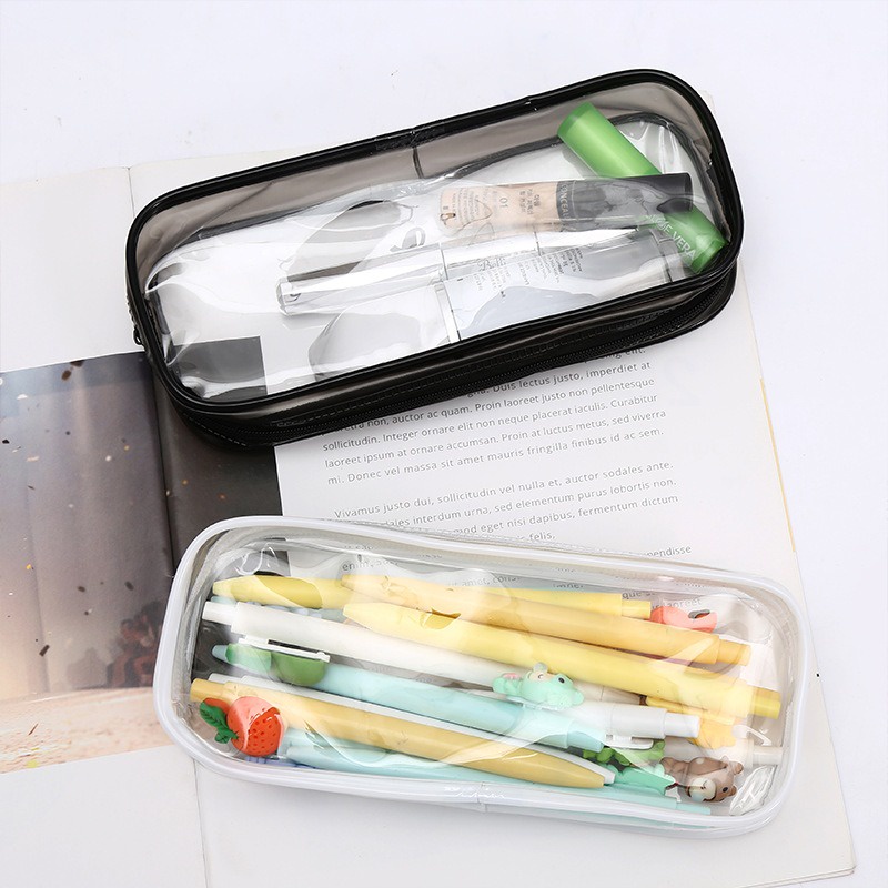 Tepak Pensil Transparan Estetik Aesthetic Lucu / Kotak PVC Plastik Pencil Case Minimalist Black White Minimalis