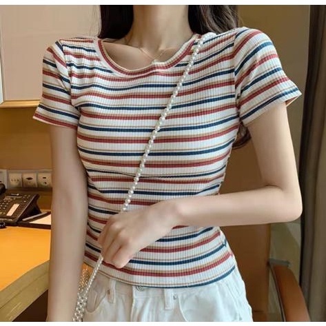 BEFAST - ZEC OOTD WANITA TSIRT ANGGI / Hanna JUMBO Ribbed Crop Top XL / Atasan Wanita Lengan Pendek / Kaos Motif Garis-Garis Terbaru / Pakaian Casual Remaja ABG Trendy / OOTD Wanita Ala Korean Style / Tshirt Kekinian Remaja ABG Terlaris