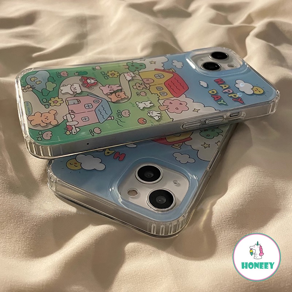 Cute Bear Bunny Graffiti Phone Case Kompatibel Untuk iPhone 14 Pro 12 13 Pro Max Case Iphone11 Bahan Akrilik Keras Anti-Drop Cover Pelindung